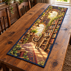 Curious Tabby Bookshop Ladder Table Runner. Flat printed upright tabby beside a rolling bookshop ladder.