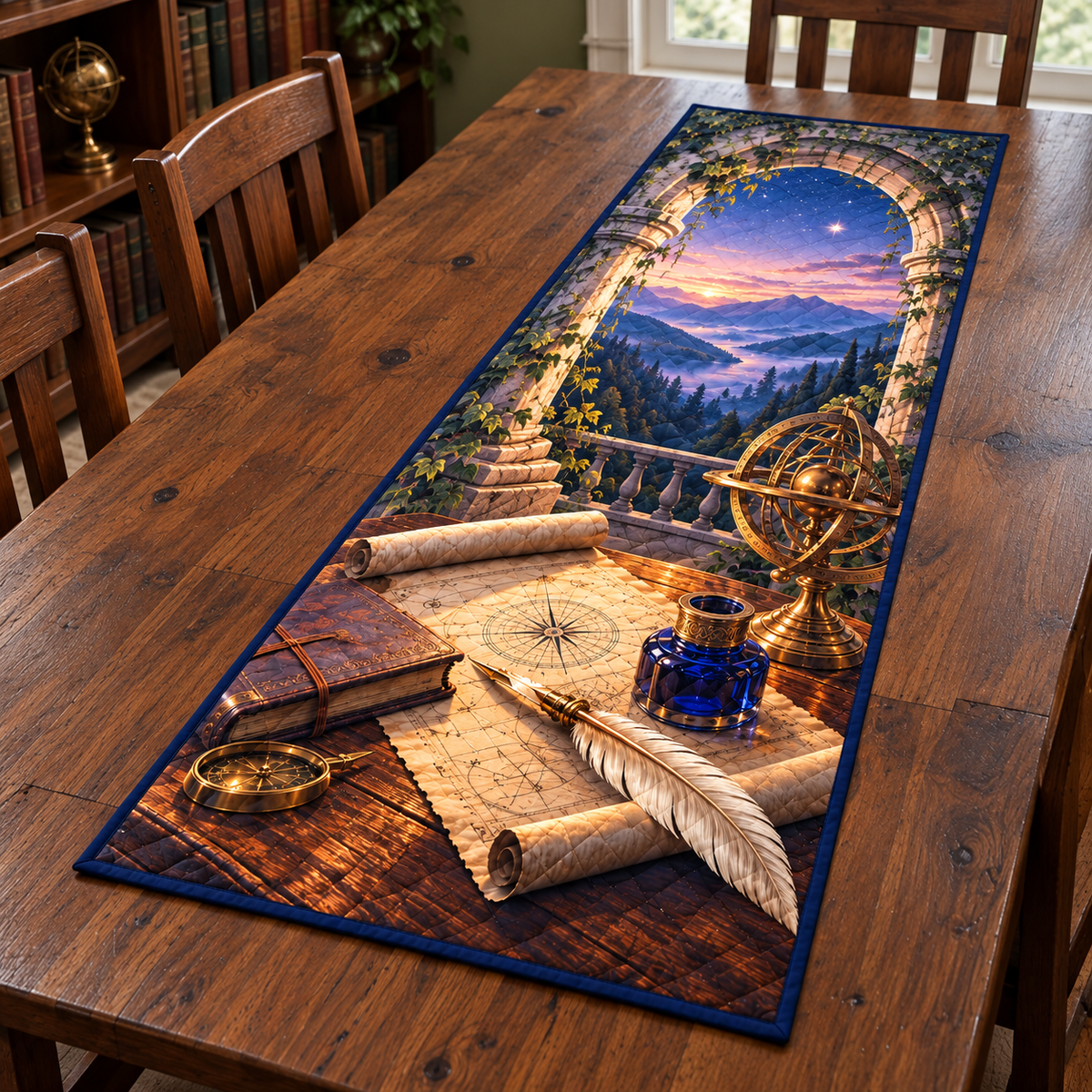 Observatory Mapmaker Quill Table Runner. Flat printed quill, cobalt ink and charts beneath observatory arch and layered mountain dawn.