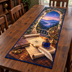 Observatory Mapmaker Quill Table Runner. Flat printed quill, cobalt ink and charts beneath observatory arch and layered mountain dawn.