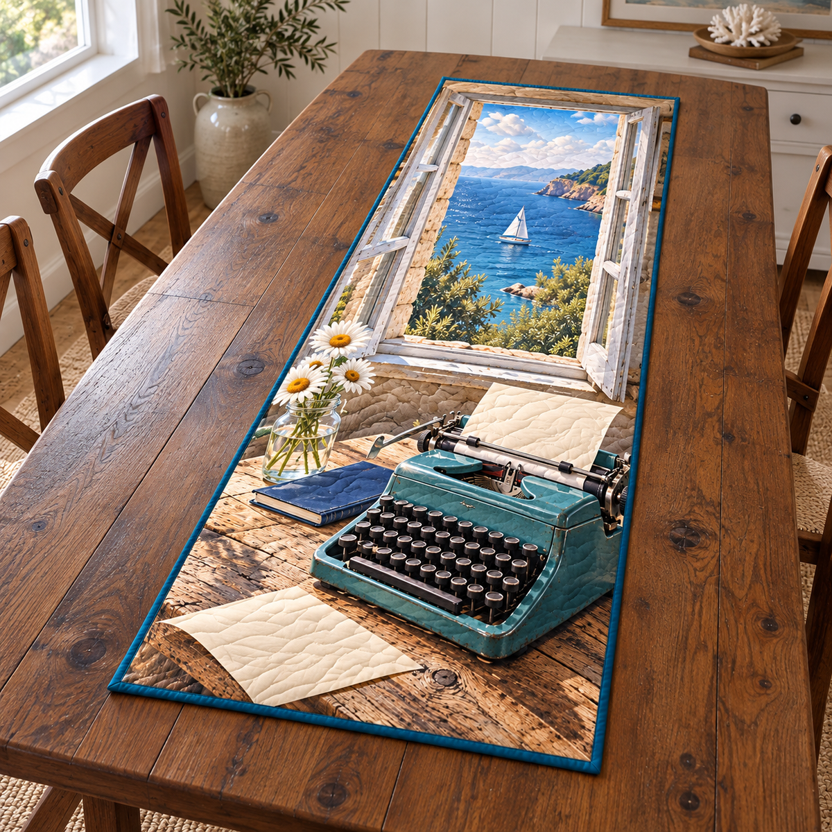 Seaside Writer Teal Typewriter Table Runner. Flat printed teal typewriter, blank paper, daisies and open sea window.