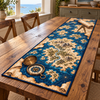Fantasy Archipelago Compass Chart Table Runner. Continuous flat printed imaginary islands, open compass and divider.