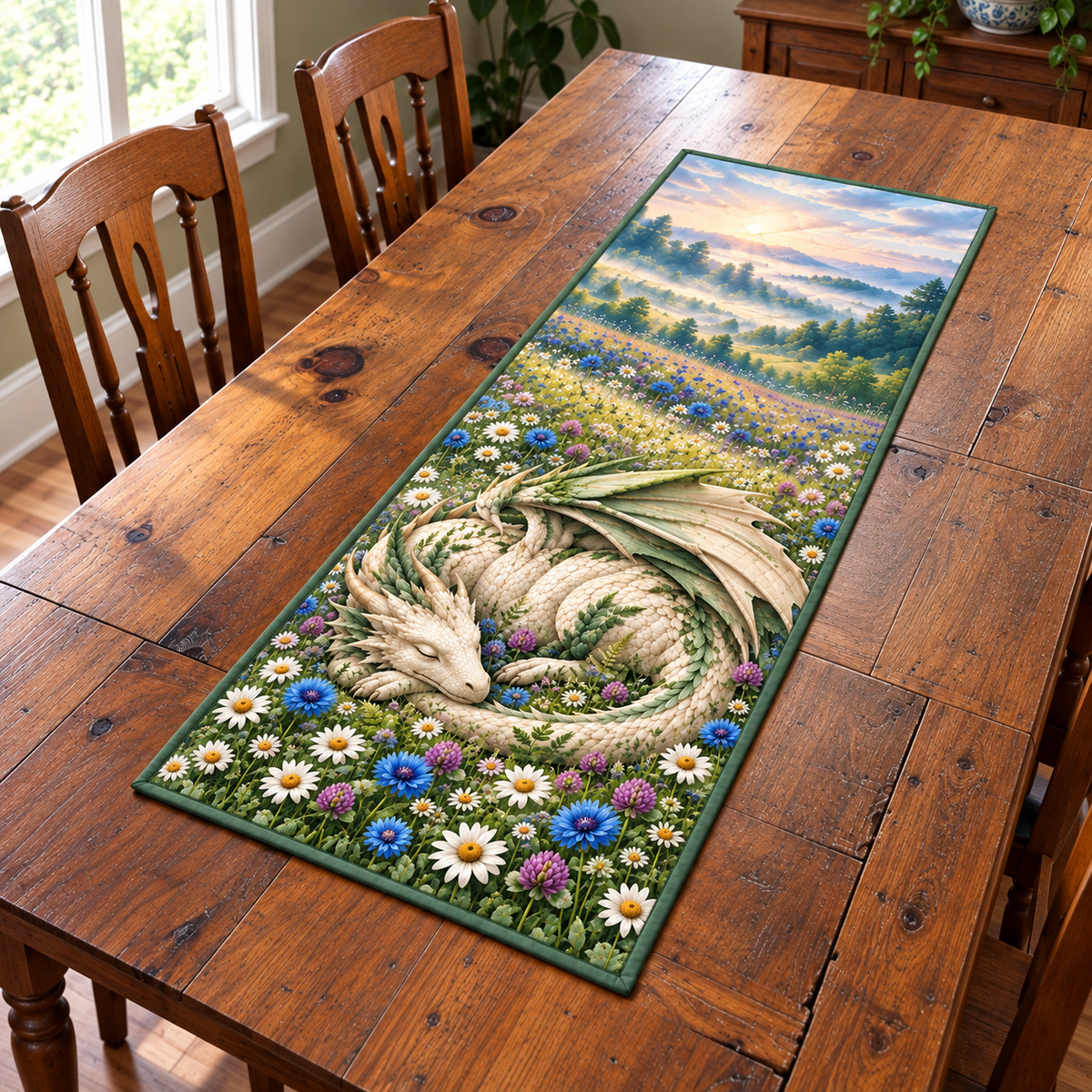 Sleeping Ivory Dragon Wildflower Table Runner. Flat printed curled sleeping dragon in a wildflower meadow.