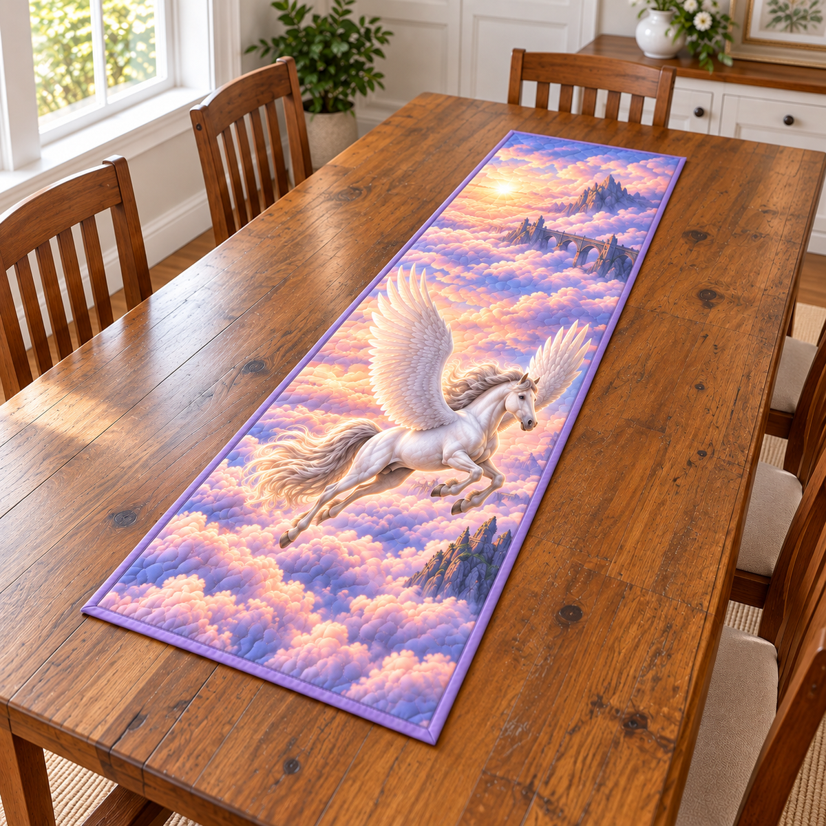 Sunrise Cloud Bridge Pegasus Table Runner. Flat printed hornless pegasus, sunrise clouds and distant stone sky bridge.