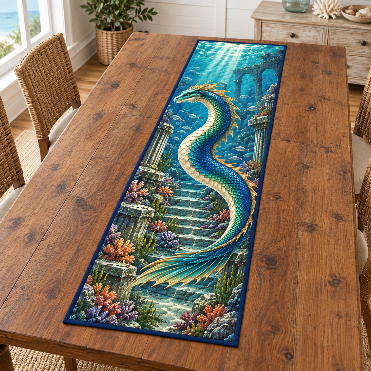 Sunken Ruins Sea Serpent Table Runner. Flat printed sea serpent, sunken stairs and ruined underwater arches.