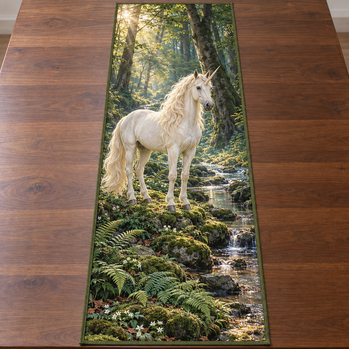 Entire thin rectangular table runner with ivory unicorn beside fern woodland stream, flat printed optical depth