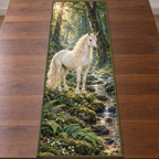 Entire thin rectangular table runner with ivory unicorn beside fern woodland stream, flat printed optical depth