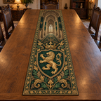 Original crowned gold lion rampant in an emerald shield with Gothic arches, flat printed on a thin rectangular table runner.