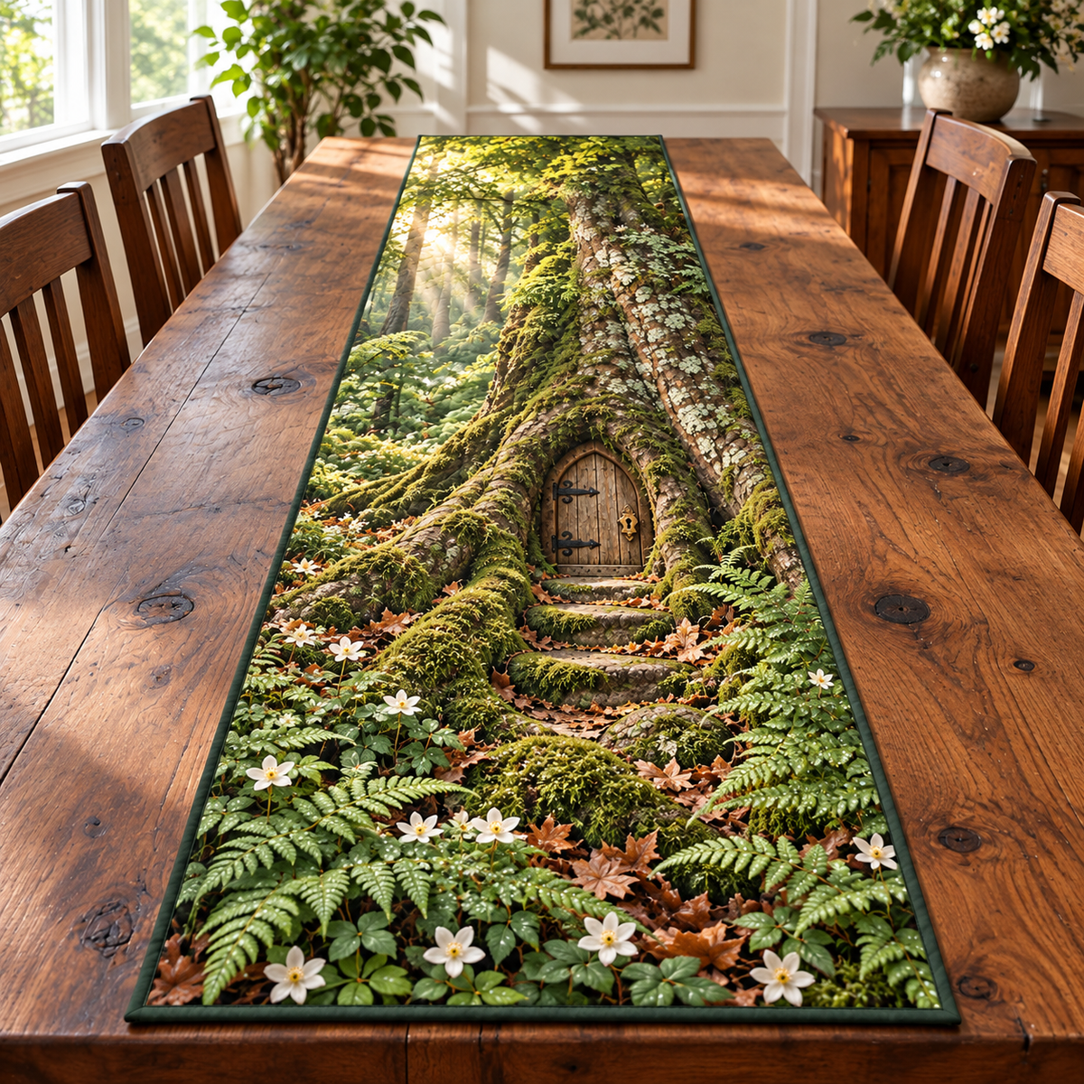 Beech Root Fairy Door Table Runner. Flat printed single oak door in mossy roots, ferns and white flowers.
