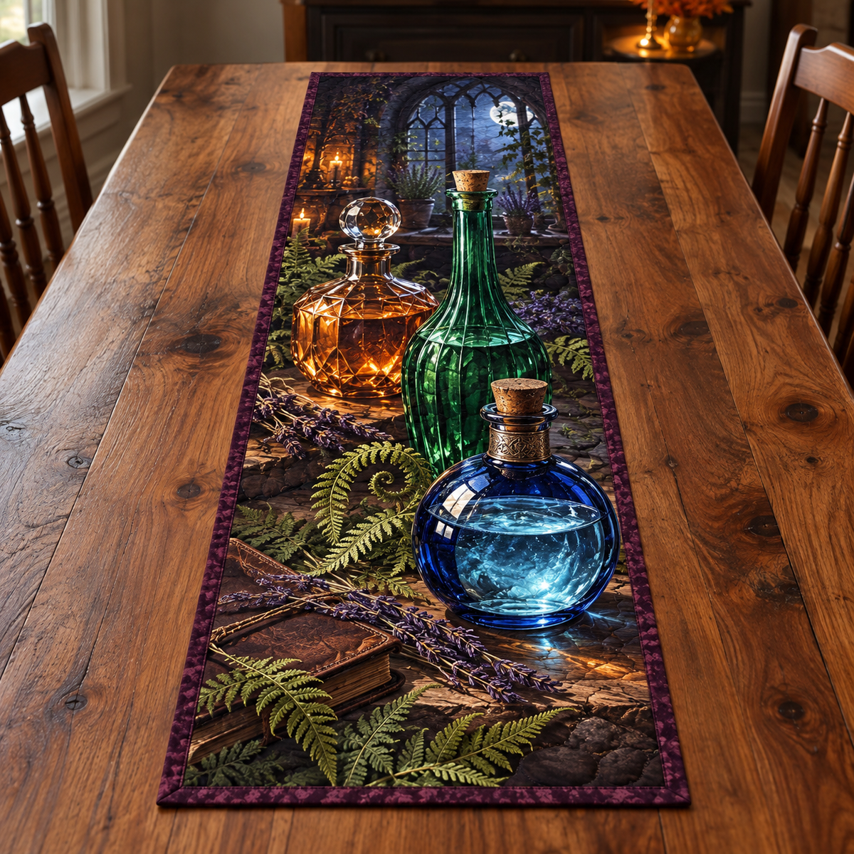 Moonlit Potion Glass Still Life Table Runner. Three flat printed cobalt, emerald and amber vessels with layered glass depth; one bound rectangular fabric runner.