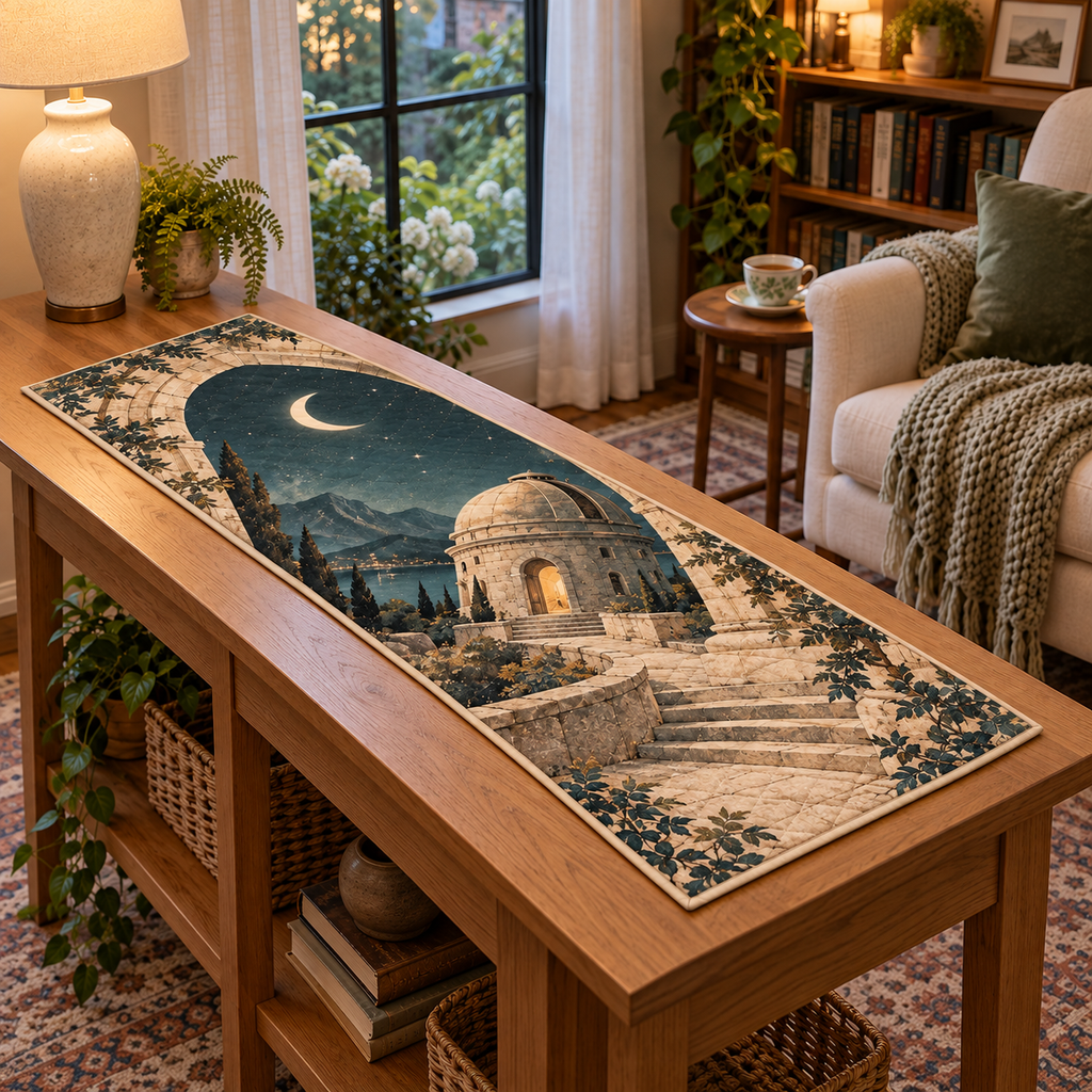 A flat printed table runner with a domed stone observatory, curved steps, vine-lined arches and a crescent moon above a distant lake and mountain landscape.