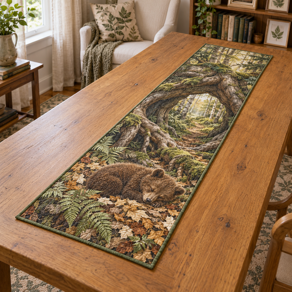 A printed table runner with one sleeping brown bear cub among leaves, ferns and receding tree-root arches in sunlit woodland.