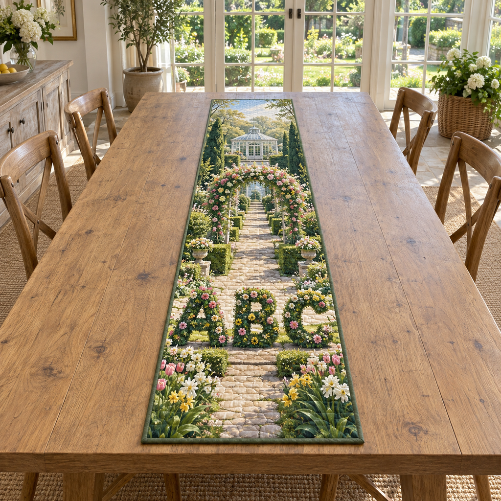 A rectangular table runner printed with floral A B C topiary forms, a stone garden path, flowering arch and distant glasshouse.