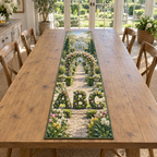 A rectangular table runner printed with floral A B C topiary forms, a stone garden path, flowering arch and distant glasshouse.