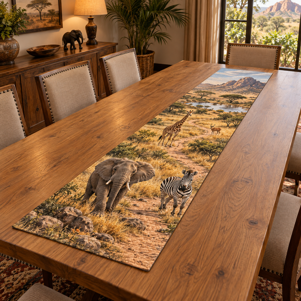 A rectangular table runner printed with an elephant, zebra, giraffe and antelope on a savanna trail beside acacias and a distant watering hole.