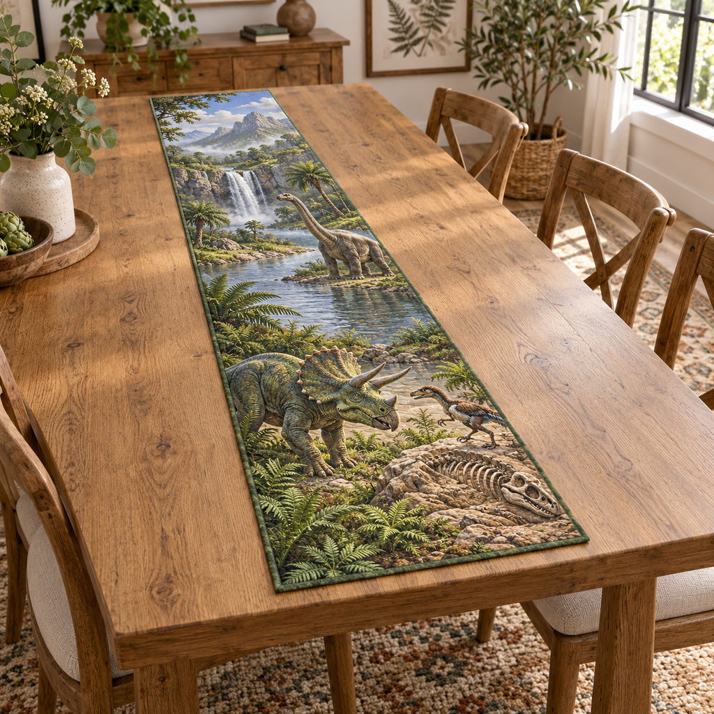 A rectangular table runner printed with a triceratops, small feathered dinosaur beside a fossil outcrop, and a sauropod in a waterfall valley.