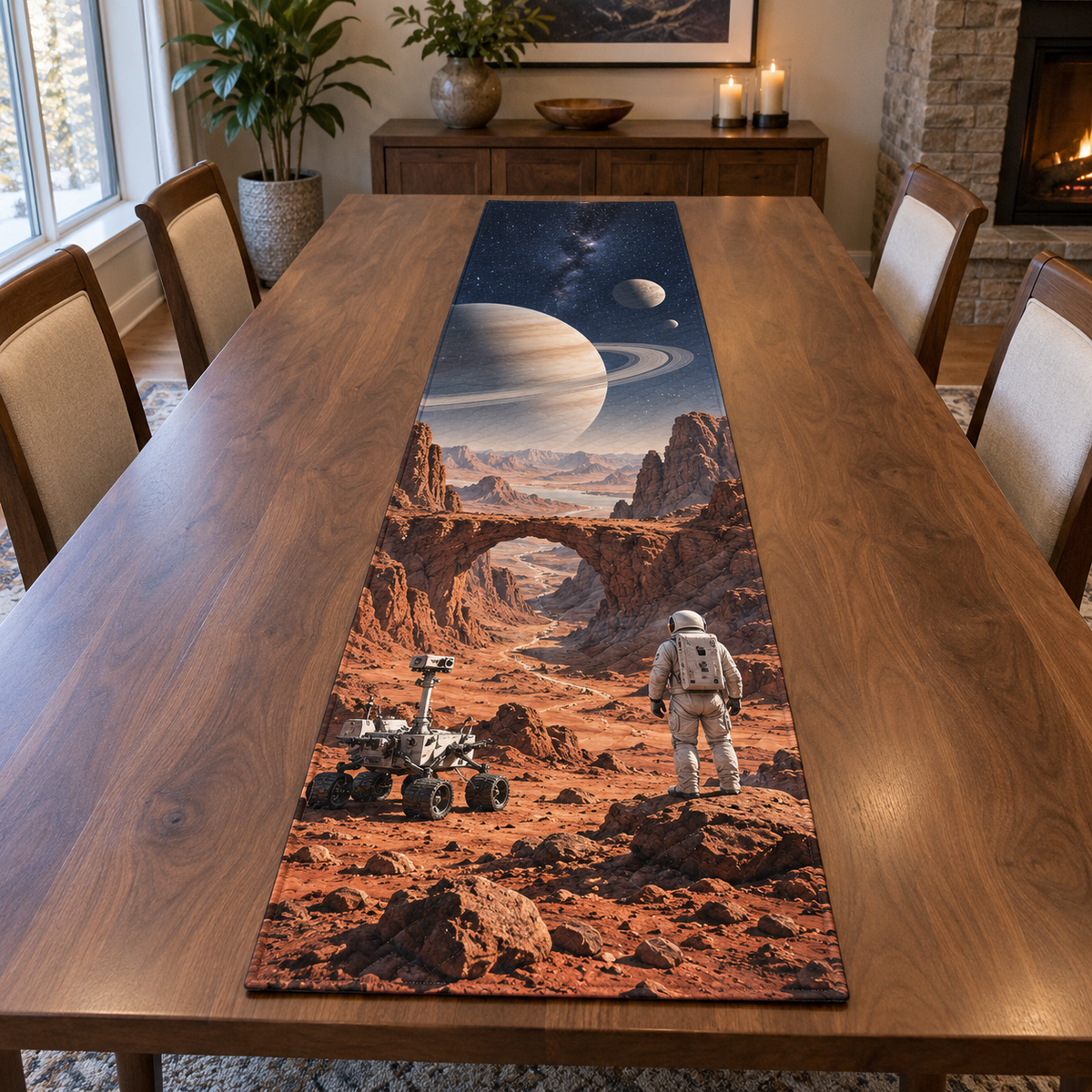 A rectangular table runner printed with planetary rover, space-suited explorer, red canyon arch, ringed planet and two moons.