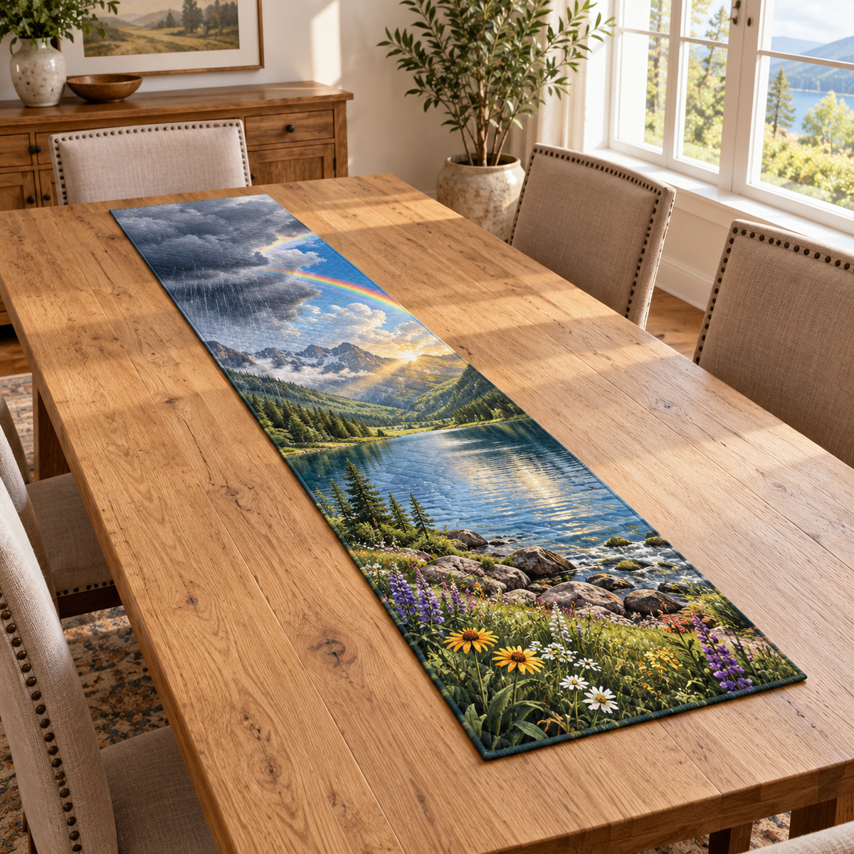 A rectangular table runner printed with rainbow, rain clouds and sunlit cumulus above a lake, mountain valley and flowered meadow.
