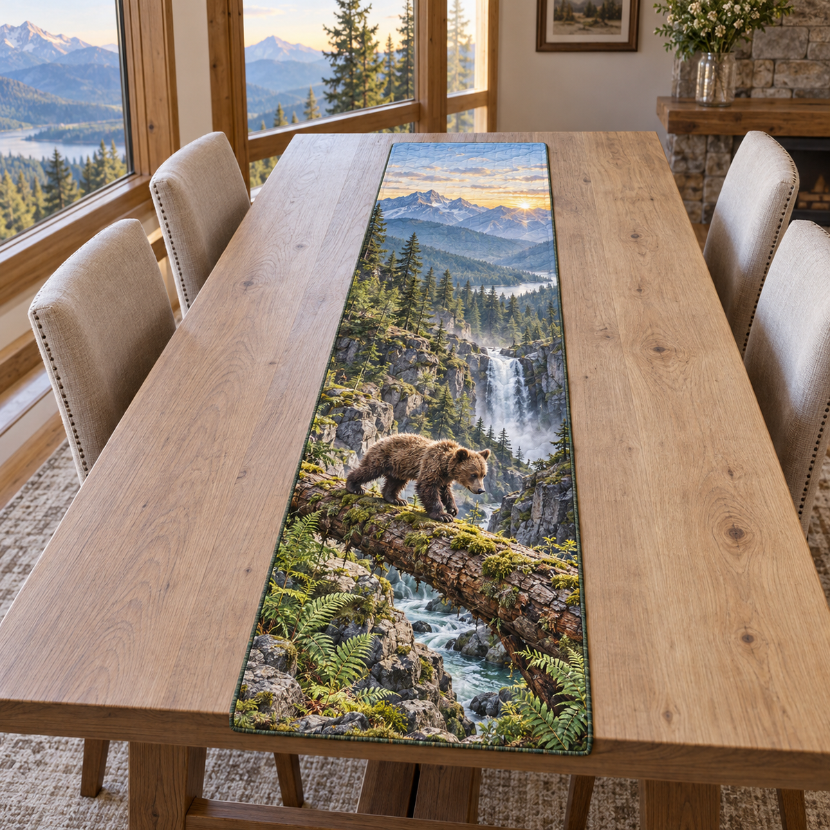 A rectangular table runner printed with a bear cub crossing a fallen log above an alpine gorge and waterfall.