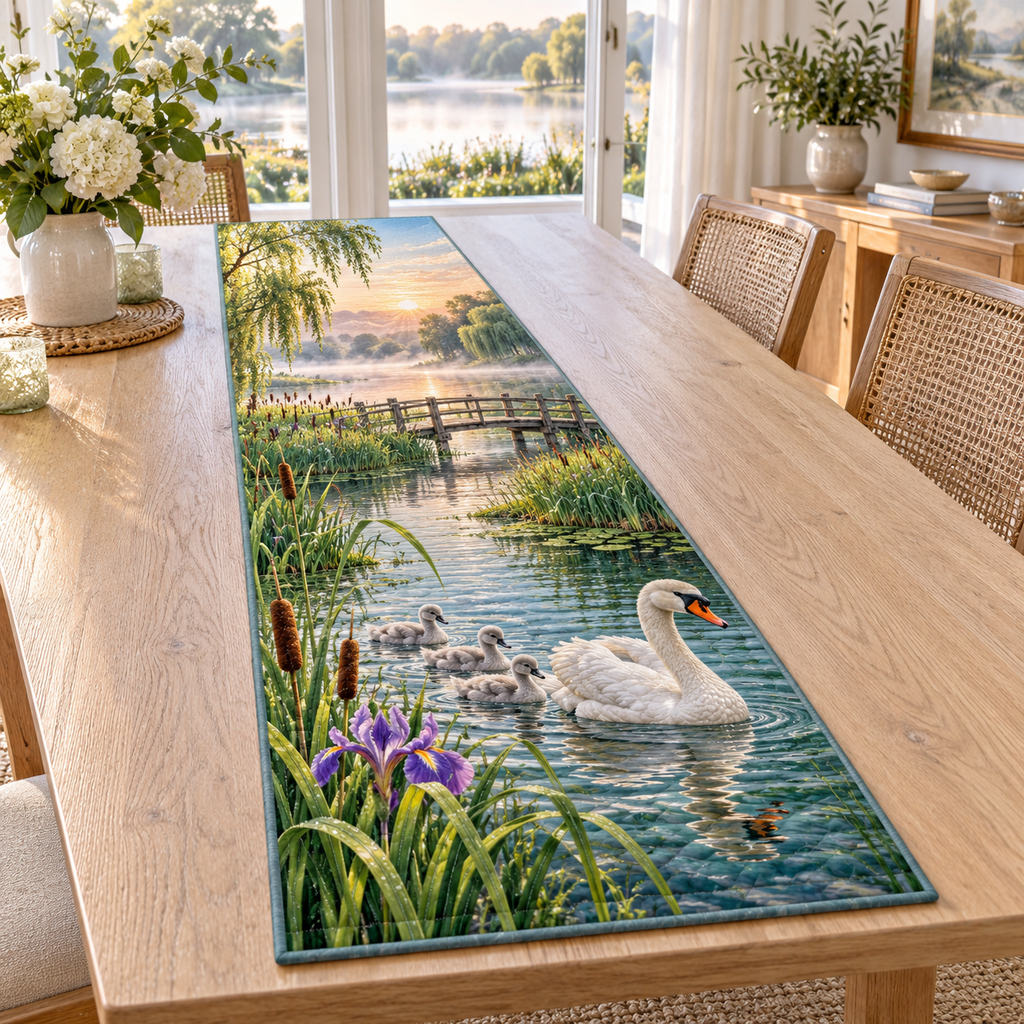 A rectangular table runner printed with a swan and three cygnets swimming through a layered reed lake.
