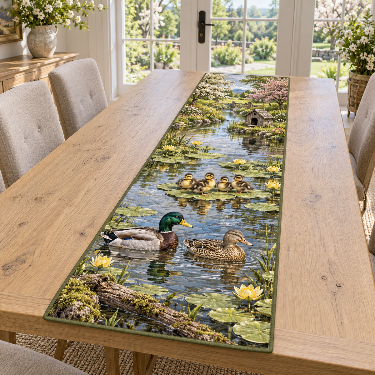 A rectangular table runner printed with two mallards, four ducklings, water lilies and a garden duck pond.