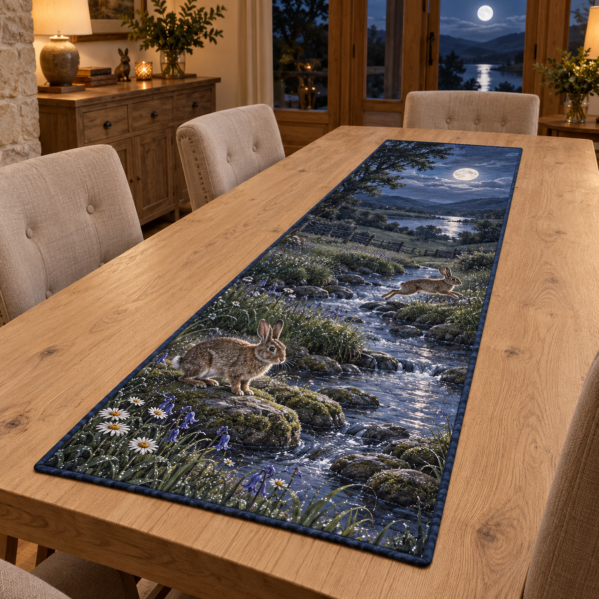 A rectangular table runner printed with two rabbits crossing a moonlit meadow brook among flowers and stepping stones.