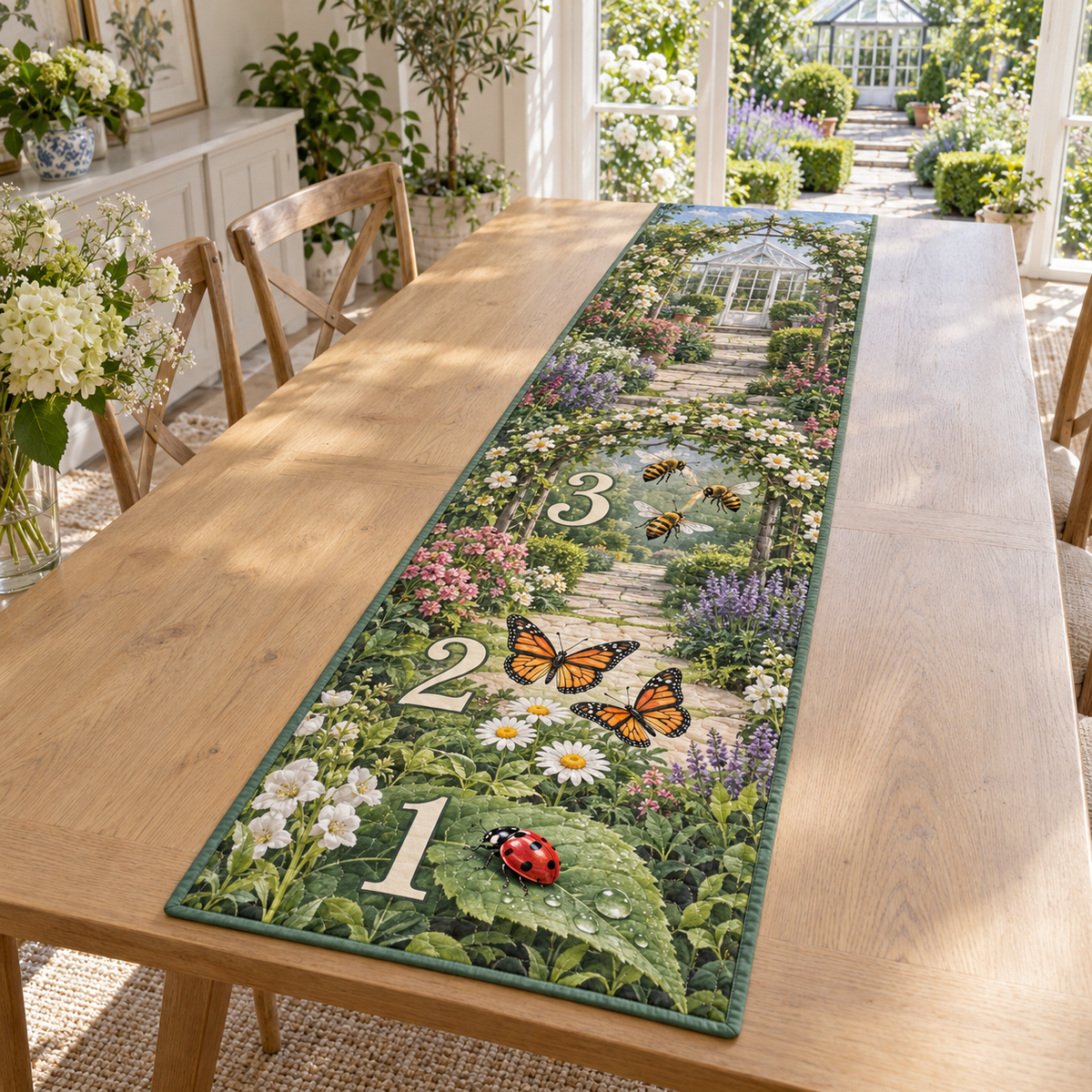 A rectangular table runner printed with one ladybug, two butterflies and three bees paired with numerals 1, 2 and 3 in a layered garden.