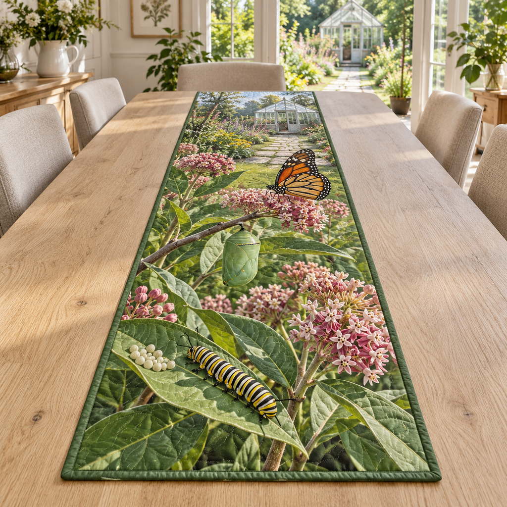 A rectangular table runner printed with butterfly eggs, a striped caterpillar, green chrysalis and orange butterfly in a layered garden.
