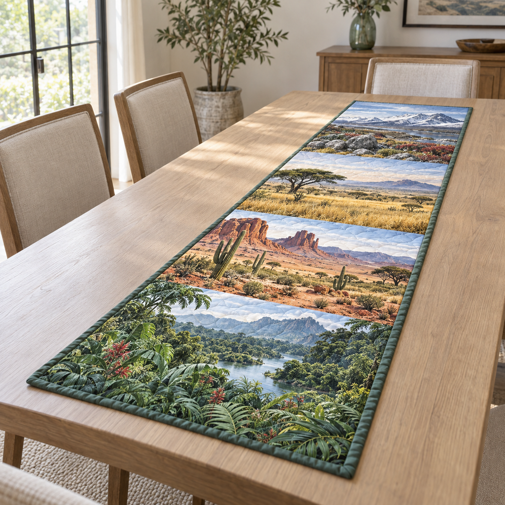 A rectangular table runner printed with rainforest, desert, grassland and tundra landscape windows.