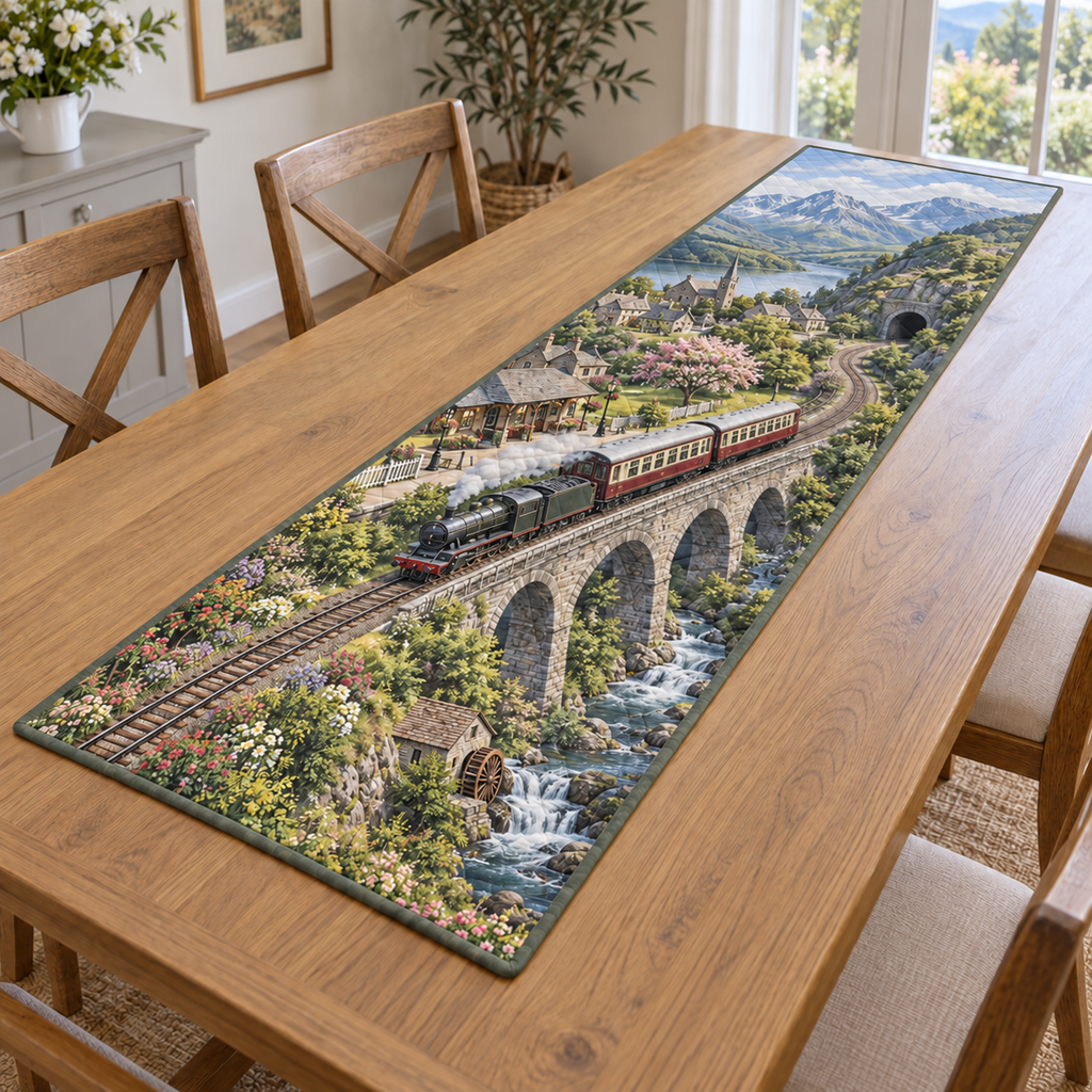 A rectangular table runner printed with a village railway route from a station across a stone viaduct toward a mountain tunnel.