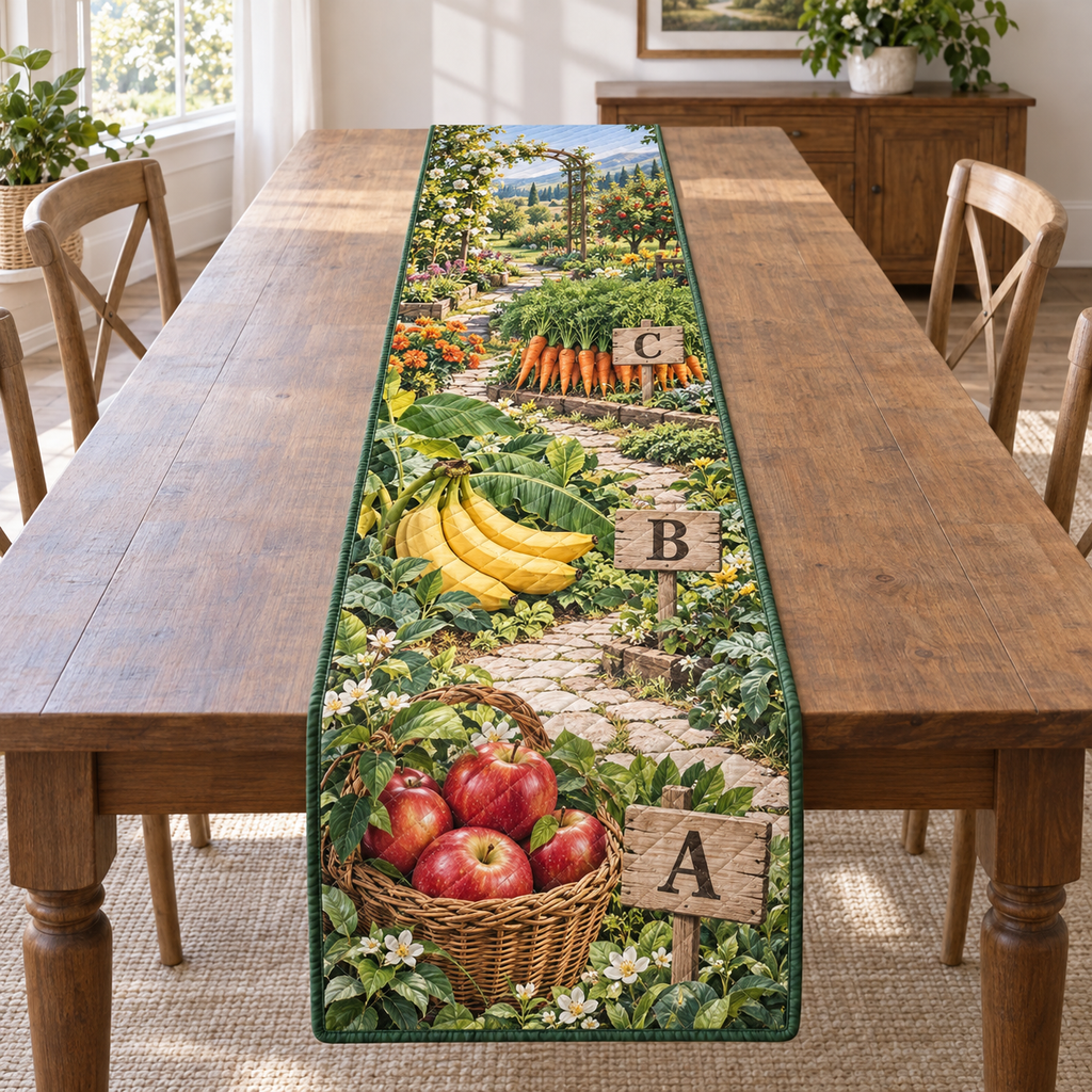 A rectangular table runner printed with A for apples, B for bananas and C for carrots in a layered produce garden.