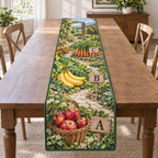 A rectangular table runner printed with A for apples, B for bananas and C for carrots in a layered produce garden.