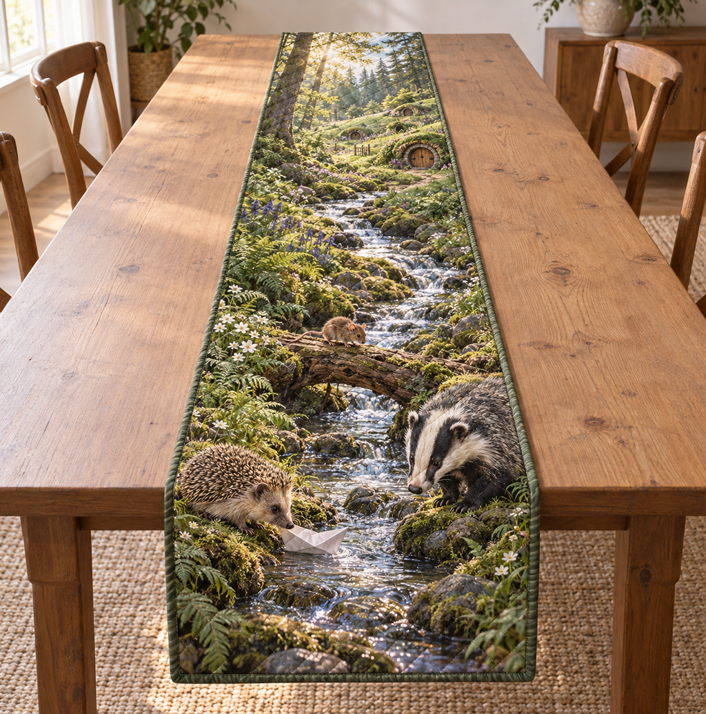 A rectangular table runner printed with a hedgehog, badger and mouse beside a paper boat on a woodland creek.