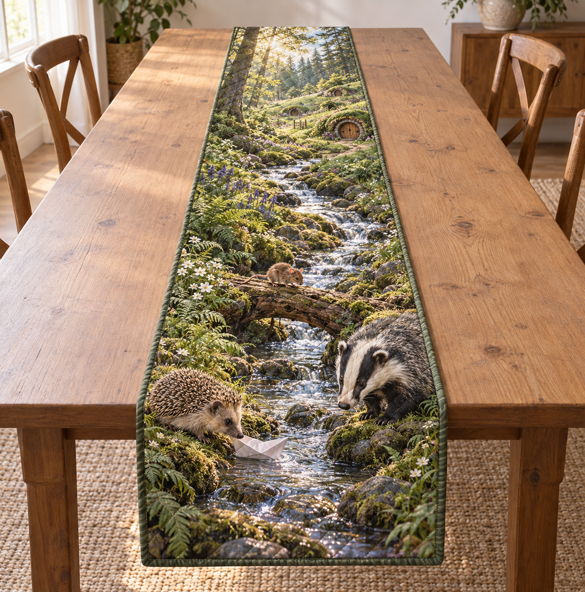 A rectangular table runner printed with a hedgehog, badger and mouse beside a paper boat on a woodland creek.