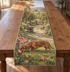 A rectangular table runner printed with a dachshund sniffing an apple beside a wooden crate in a layered orchard.