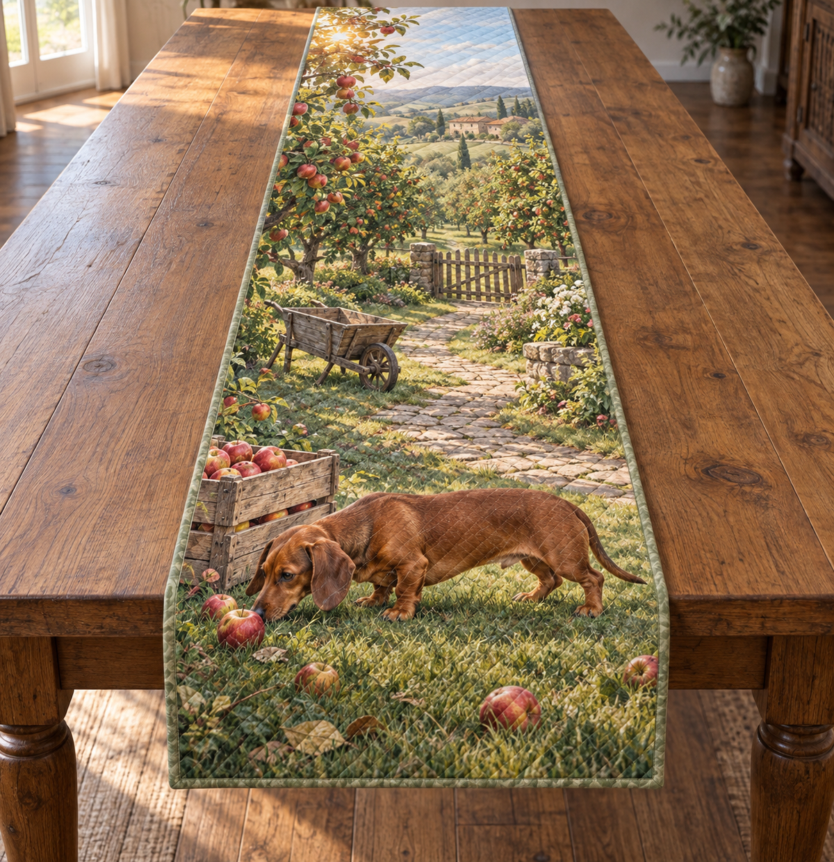 A rectangular table runner printed with a dachshund sniffing an apple beside a wooden crate in a layered orchard.