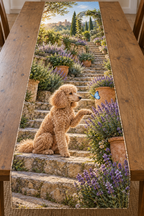 A rectangular table runner printed with an apricot poodle watching a blue butterfly beside layered lavender garden steps.