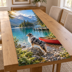 Flat printed lakeshore artwork with a blue merle Australian shepherd, red canoe, wooden jetty, pine island and distant mountains.