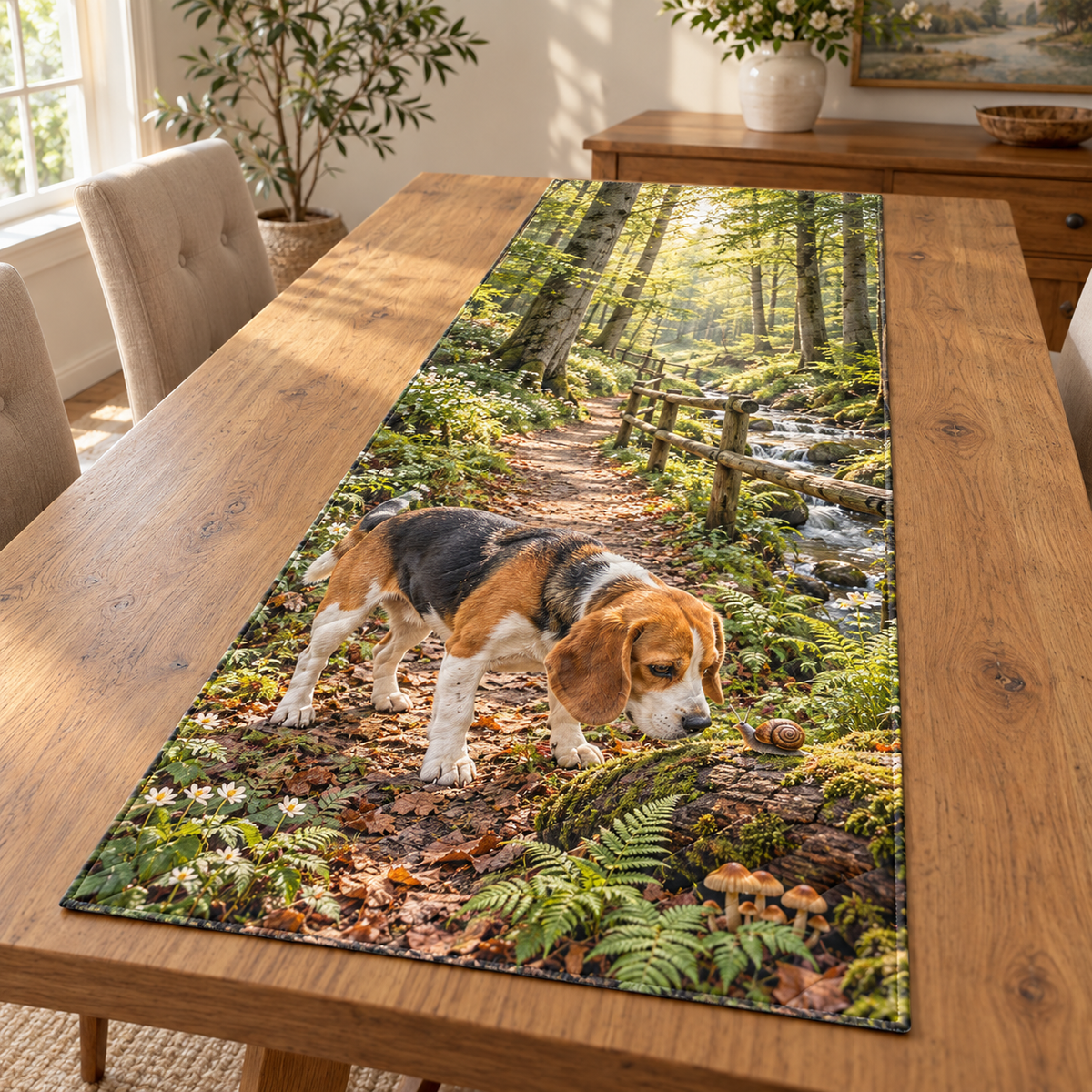Flat printed woodland artwork with a beagle investigating a snail on a mossy log, layered fern path, brook and beech forest.