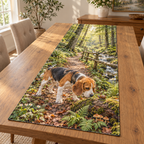 Flat printed woodland artwork with a beagle investigating a snail on a mossy log, layered fern path, brook and beech forest.