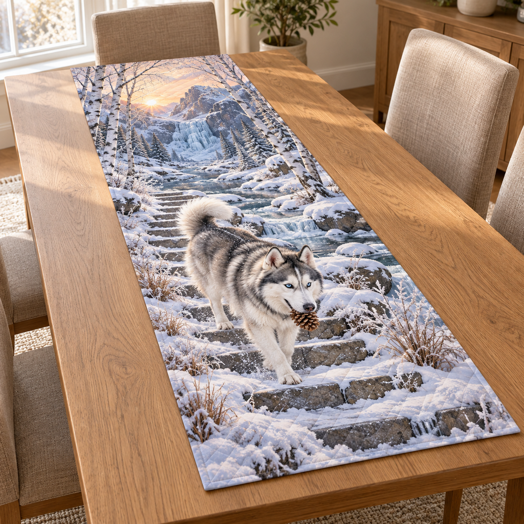 Flat printed winter artwork with a husky carrying a pinecone down snowy steps, layered birch arch, partly frozen brook and waterfall.