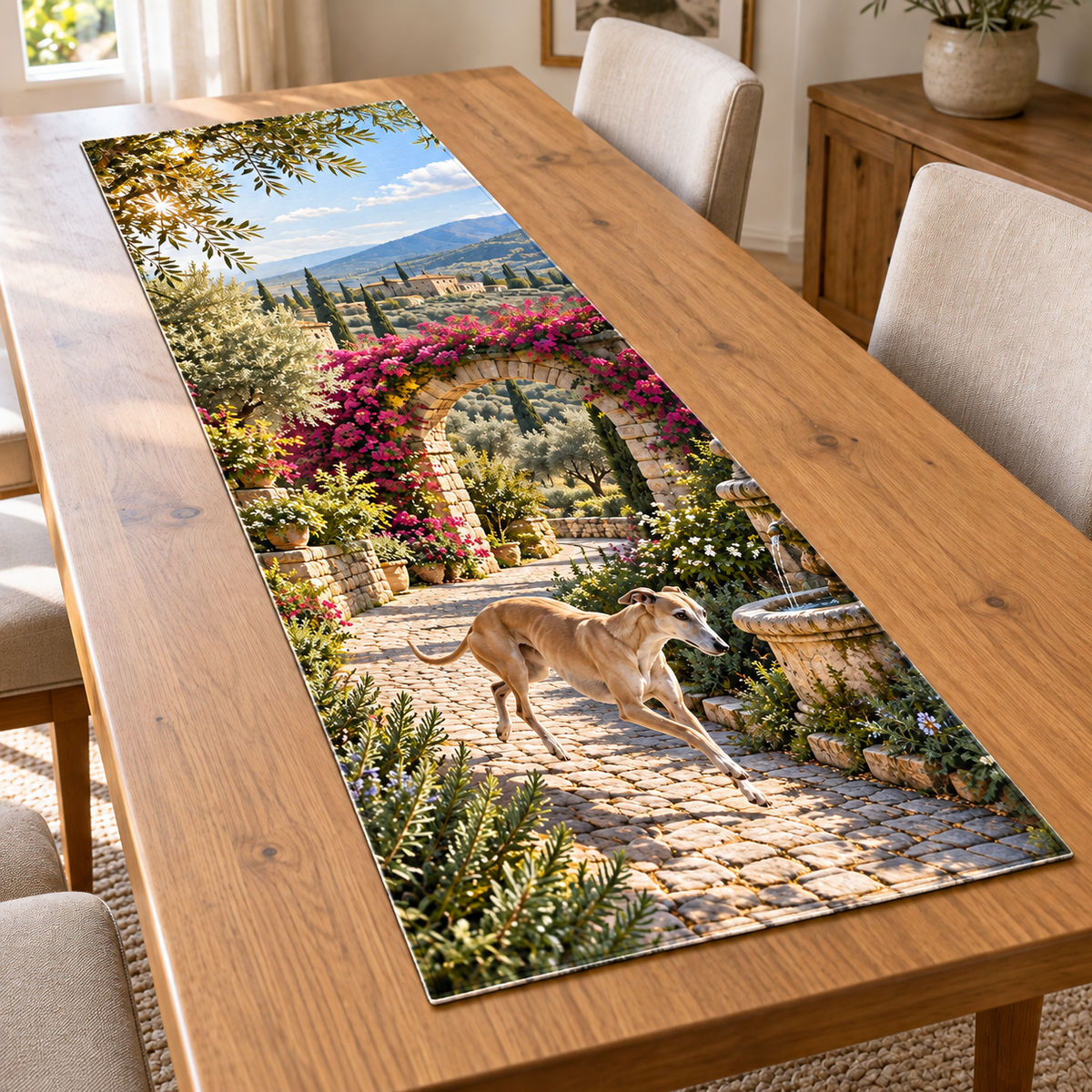 Flat printed garden artwork with a running fawn greyhound, cobblestone path, fountain edge, flowering stone arch and olive hills.