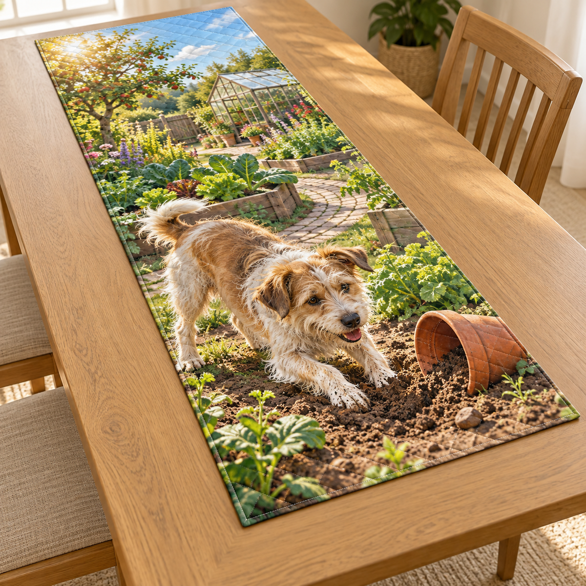 Flat printed garden artwork with a scruffy mixed-breed dog digging beside a terracotta pot, raised beds and a distant greenhouse.