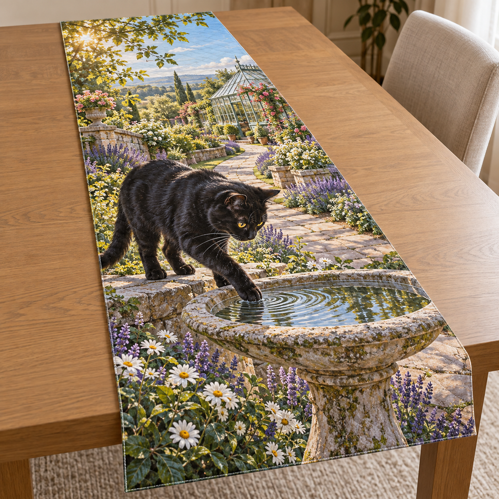 Flat printed garden artwork with a black cat touching birdbath water, ripples, layered lavender path and a distant greenhouse.