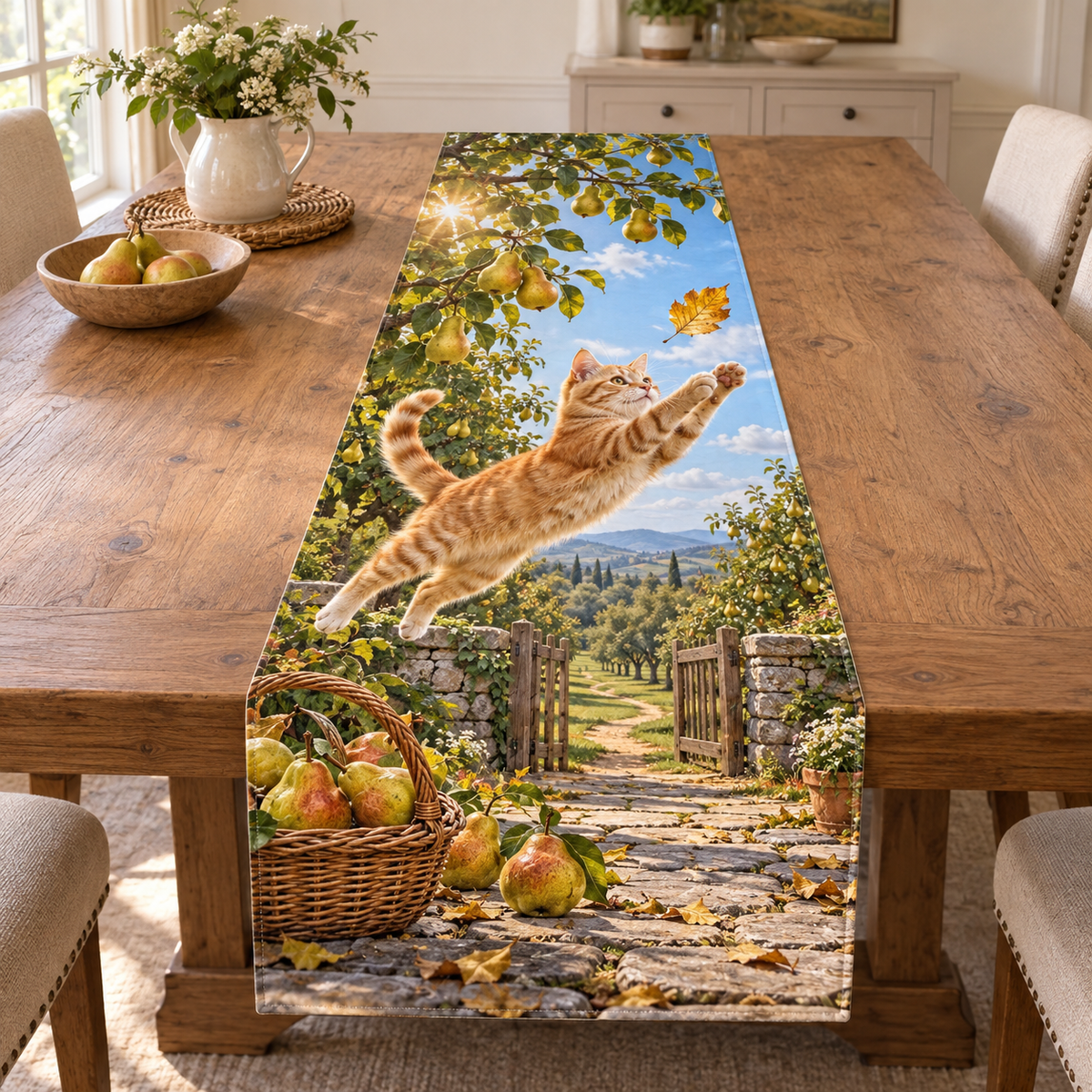 An orange tabby leaps for a golden leaf above a pear basket, with a layered orchard path, wooden gate and distant countryside.