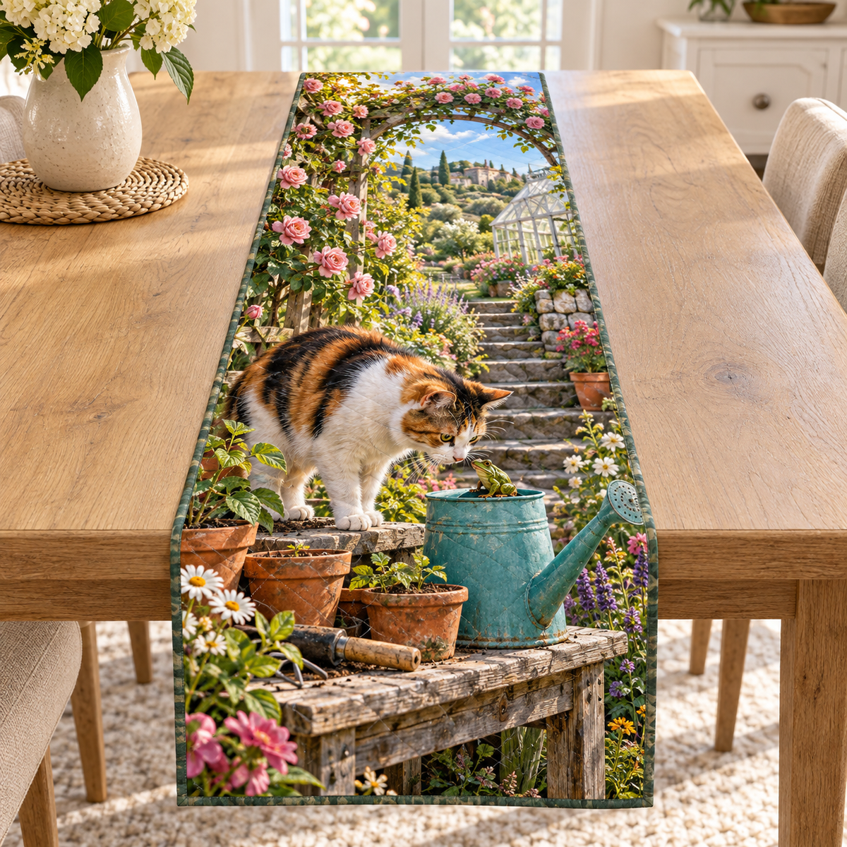 A calico cat meets a tiny frog on a turquoise watering can, with potting bench details, rose-covered garden steps and distant greenhouse.