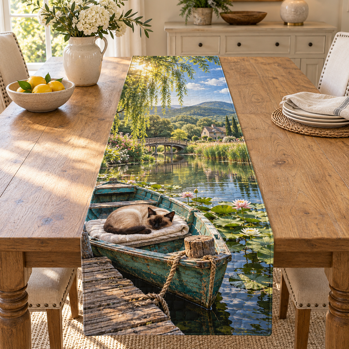 A sleeping seal-point Siamese curls on an ivory cloth in a teal rowboat, with jetty, lotus pond, willow canopy and distant cottage.