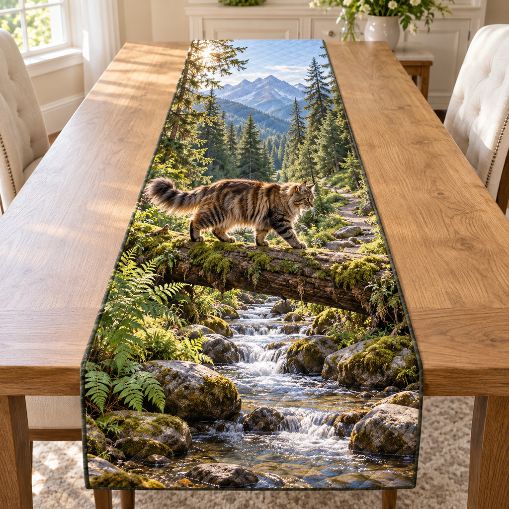 A shaggy Maine Coon walks a mossy log across a forest creek, with ferns, a small cascade, conifers and distant blue mountains.