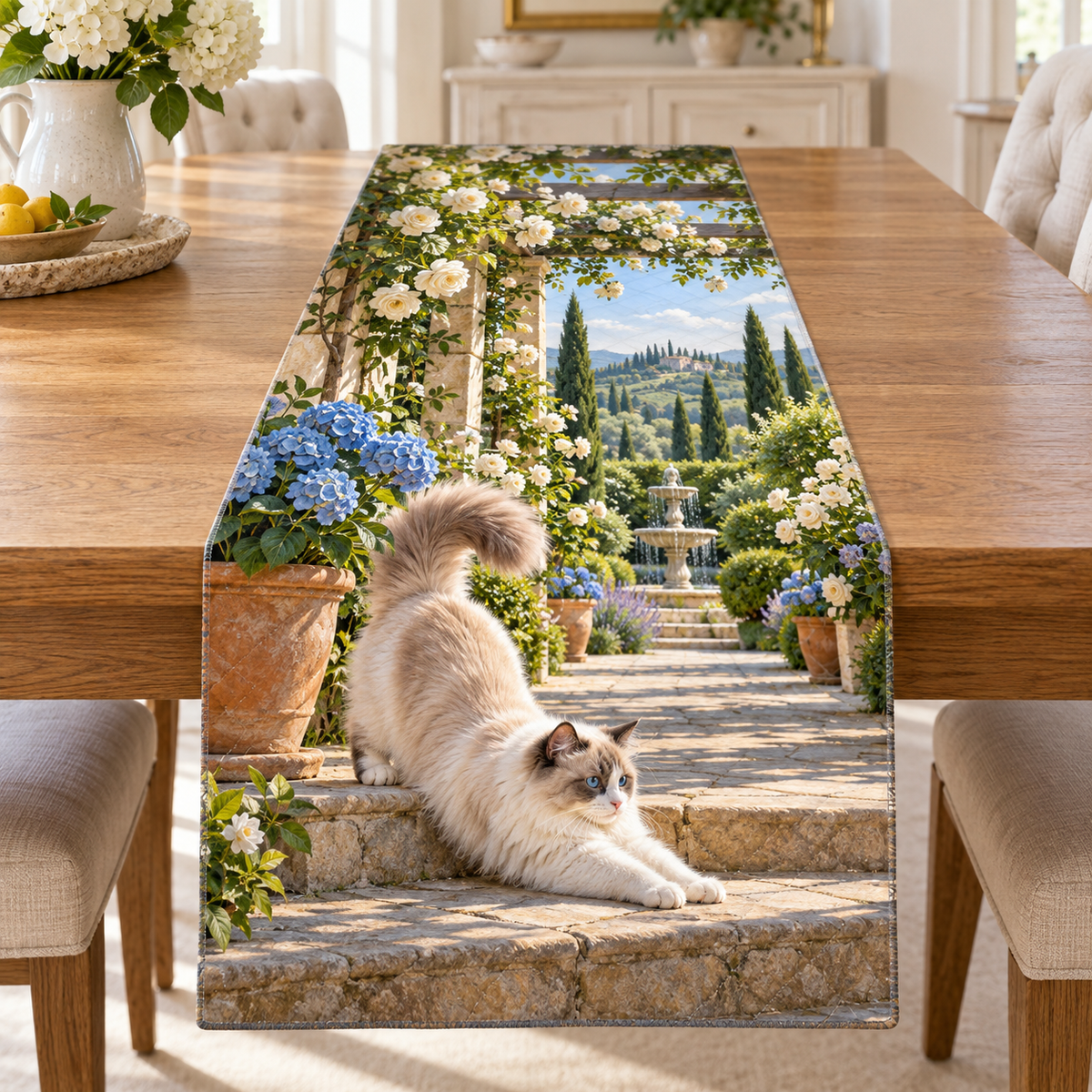 A fluffy Ragdoll stretches forward down sunlit stone steps beside blue hydrangeas, with a receding rose pergola and distant fountain.
