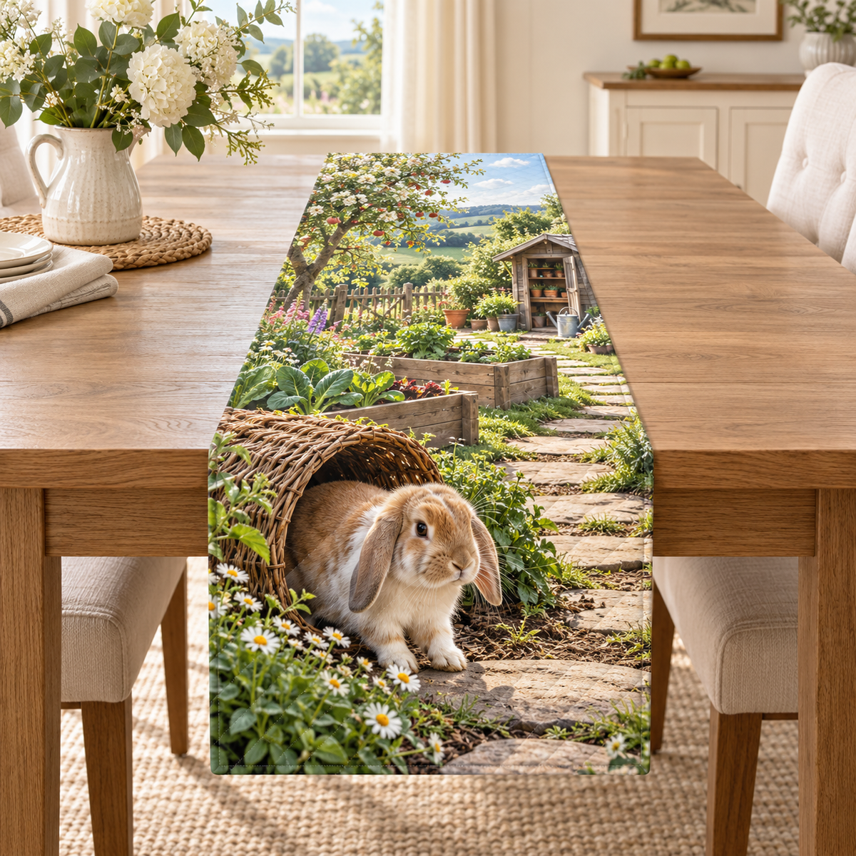 A lop-eared house rabbit hops out of a woven willow tunnel into a sunlit garden, with daisies, vegetable beds and distant potting shed.