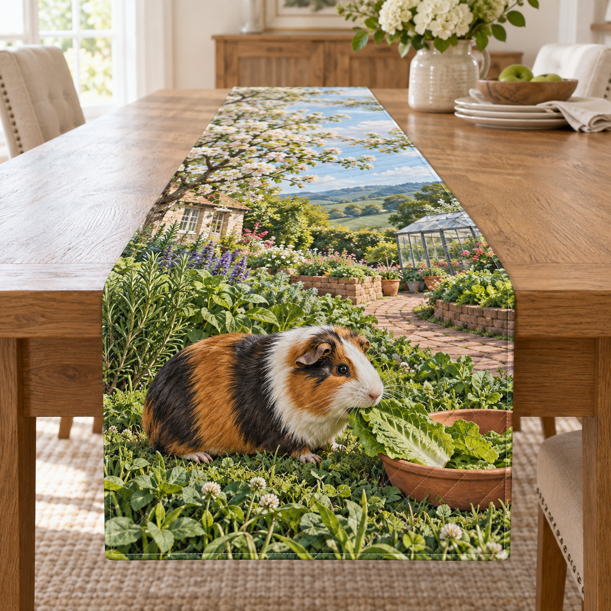 A tricolor guinea pig nibbles a romaine leaf beside a terracotta dish, with clover, herb beds, brick path and distant greenhouse.